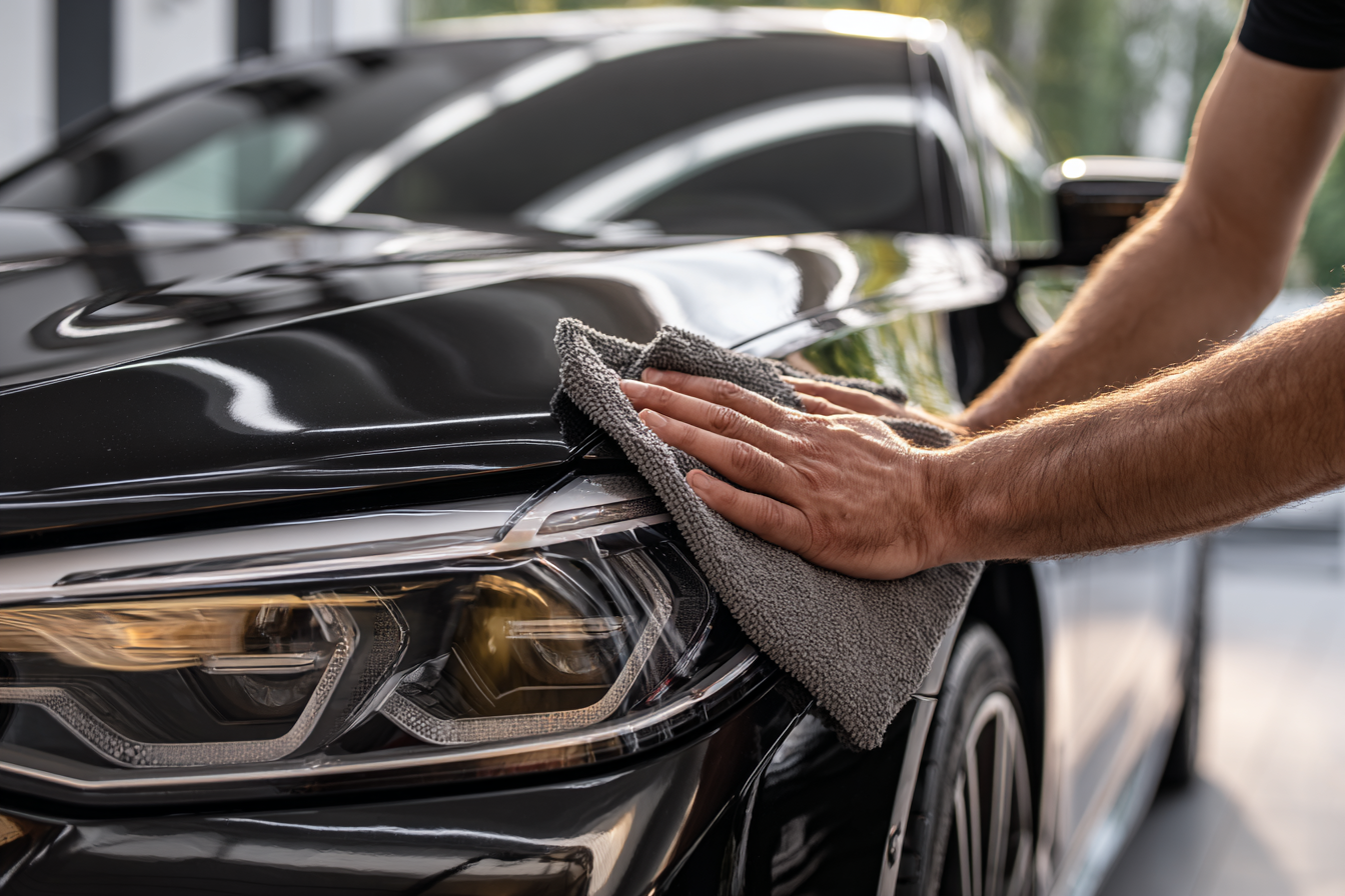 realistic close-up of a man polishing a luxury black car with a soft microfiber cloth, deep glossy paint reflecting surroundings like a mirror, sunny outdoor garage or driveway, hands focused on detailing, elegant vehicle design, chrome accents shining, professional polishing tools nearby, natural lighting, 8K ultra-detailed resolution, no fantasy, clean background, modern high-end car