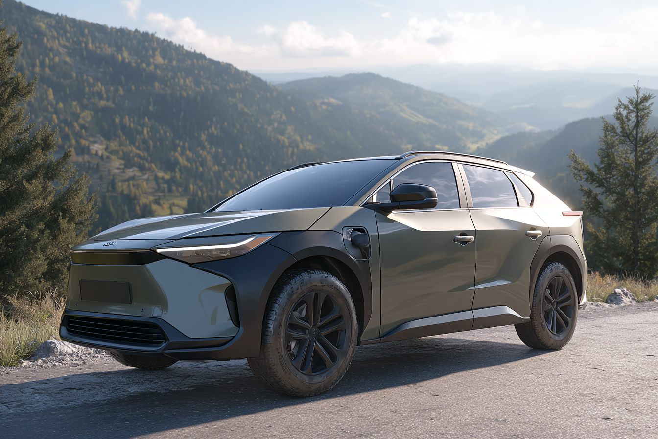 realistic modern electric SUV parked on a scenic mountain road, sturdy and practical design, standard proportions, matte finish paint, normal wheels, no futuristic or aerodynamic styling, visible charging port, nature landscape in the background with trees and hills, bright clear daylight, ultra-realistic, sharp 8K resolution, no fantasy, natural reflections, authentic everyday vehicle appearance